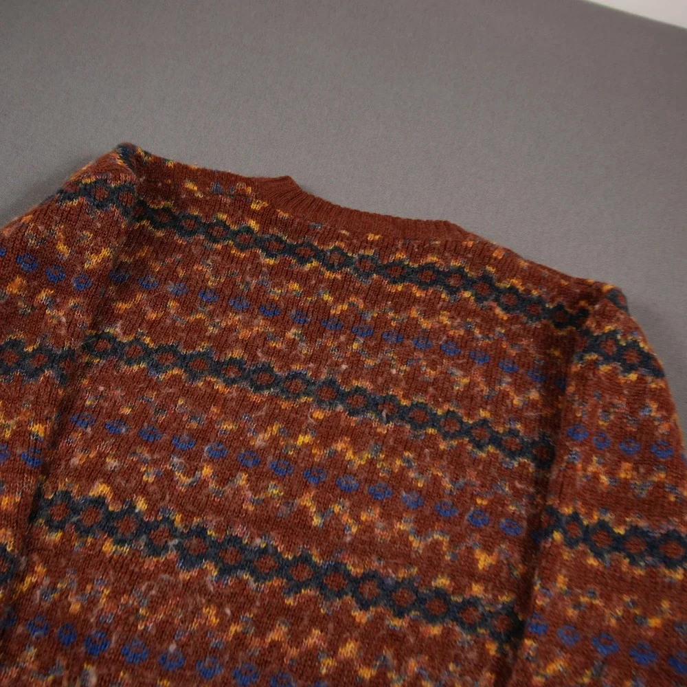 Vintage 80s Fair Isle Geometric Knit Men Sweater L Boho Coastal Rustic College